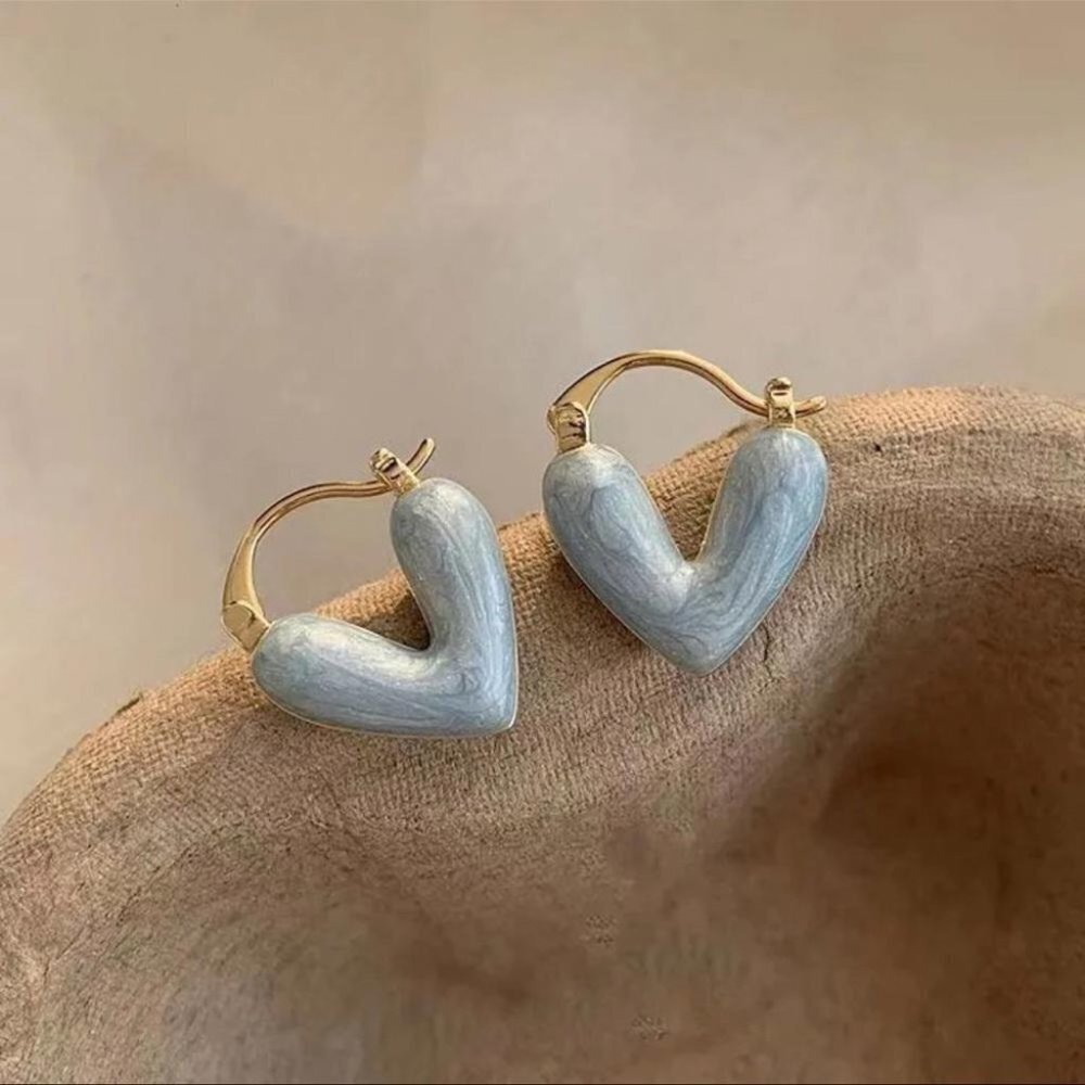 NEW Blue Heart Drop Earrings Marbled Elegant Minimalist Contemporary